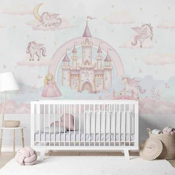 Pink Blue Magical Kingdom Wall Mural AM133 - CostaCover-Peel and stick Removable Wallpaper-accent wallpaper-adhesive wallpaper-baby bedroom