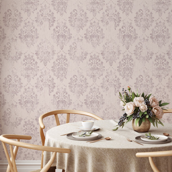 Painterly blush pink damask wallpaper, offering an elegant look for a living room accent wall. Removable and easy to apply, perfect for decorators.