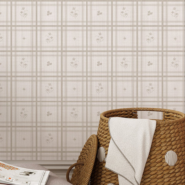 Taupe Greige Plaid Floral Wallpaper L146