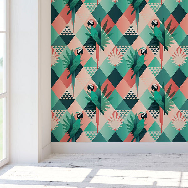 Palm Leaves & Parrots Wallpaper CC170 - CostaCover - Peel and stick Removable Wallpaper - Abstract - abstract wallpaper - adhesive wallpaper