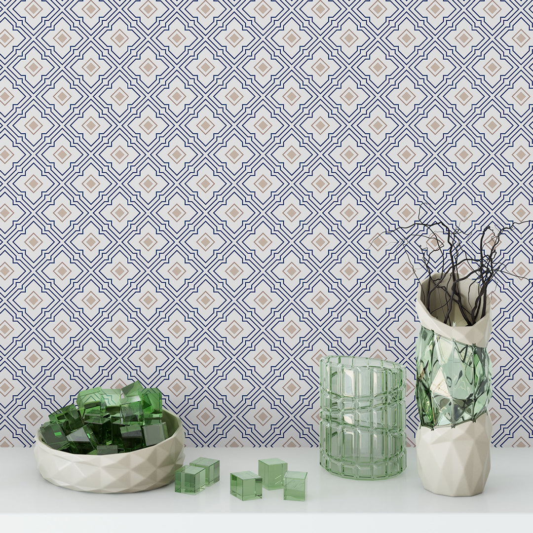 Self Adhesive Removable Wallpaper Blue and Gold Flower Tiles – CostaCover