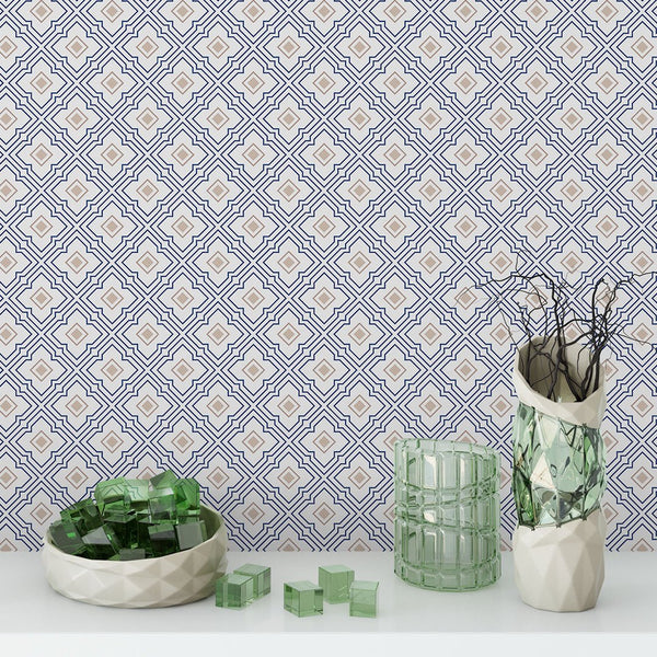 Blue and Gold Tiles Wallpaper CC126 - CostaCover - Peel and stick Removable Wallpaper - Abstract - abstract wallpaper - adhesive wallpaper