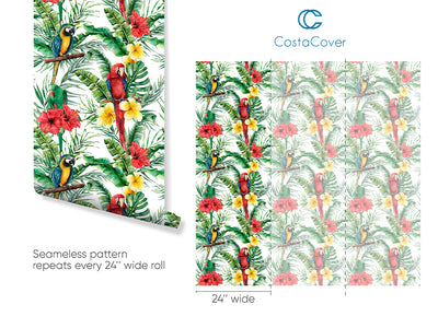 Green Tropical Parrot Peel and Stick Wallpaper Jungle Flowers Self Adhesive Decal CC041