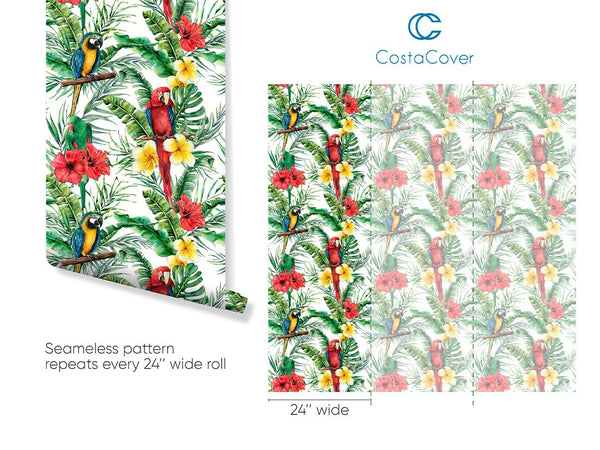 Tropical Parrots & Flowers Wallpaper CC041 - CostaCover - Peel and stick Removable Wallpaper - accent wallpaper - adhesive wallpaper - bathroom wallpaper