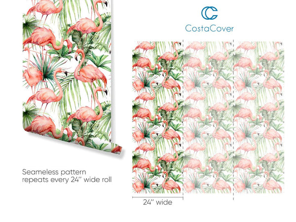 Watercolor Pink Flamingo Wallpaper CC055 - CostaCover - Peel and stick Removable Wallpaper - adhesive wallpaper - bathroom wallpaper - bedroom wallpaper