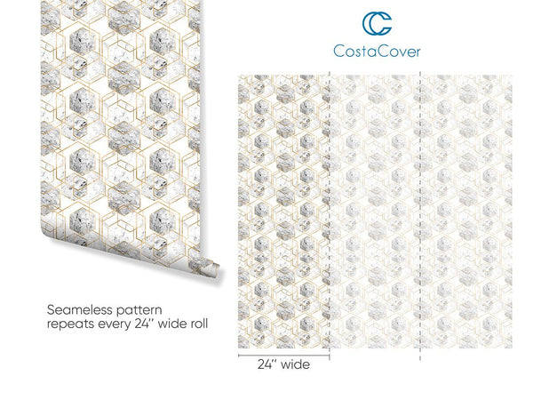 Marble & Gold Honeycomb Wallpaper CC241 - CostaCover - Peel and stick Removable Wallpaper - 
