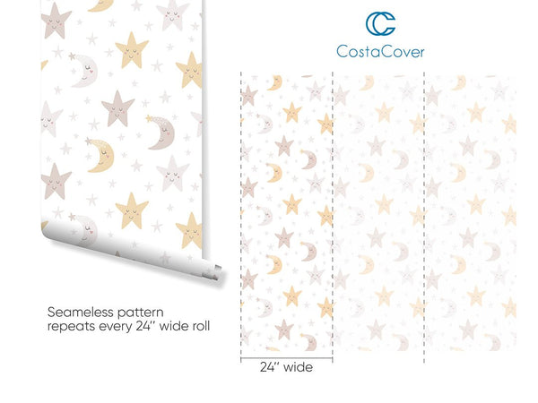 Moon Stars Nursery Wallpaper CC145 - CostaCover-Peel and stick Removable Wallpaper-adhesive wallpaper-baby bedroom-baby wall decor