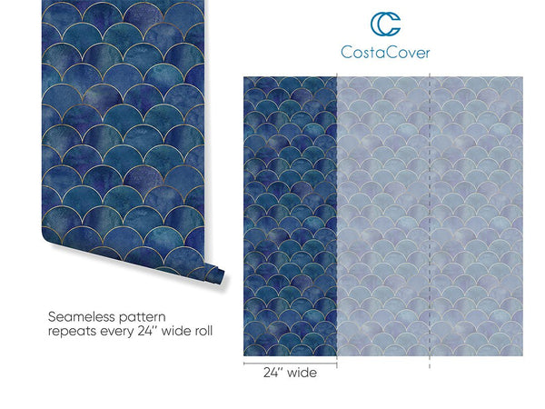 Watercolor Blue Scallops Wallpaper CC190 - CostaCover - Peel and stick Removable Wallpaper - adhesive wallpaper - art deco - art deco style