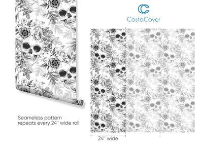 Black and White Skulls Flowers Self Adhesive Wallpaper CC256