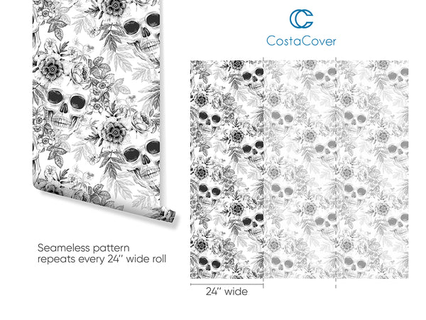 Black & White Skulls Flowers Wallpaper CC256 - CostaCover - Peel and stick Removable Wallpaper - abstract wall art - accent wallpaper - adhesive wallpaper