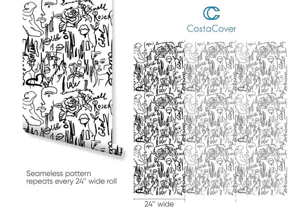 Black & White Female Line Wallpaper CC255 - CostaCover - Peel and stick Removable Wallpaper - Abstract - abstract lines - abstract wall art