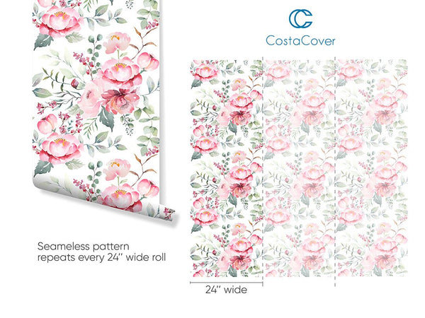 Watercolor Pink Flowers Wallpaper CC239 - CostaCover - Peel and stick Removable Wallpaper - floral - floral wallpaper - Flower decor