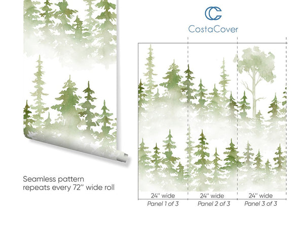 Detail of watercolor pine trees in soft green hues, creating a calm and fresh atmosphere for home decor. This removable peel and stick wallpaper is ideal for renters and decorators, offering a temporary yet stylish solution for accent walls in modern interior design.