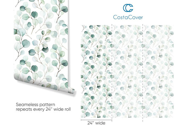 Watercolor Eucalyptus Leaves Wallpaper CC216 - CostaCover - Peel and stick Removable Wallpaper - adhesive wallpaper - Backsplash panels - bathroom wallpaper