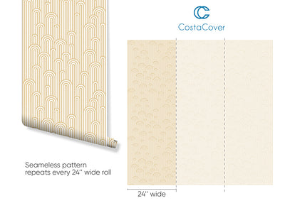 Beige Gold Art Deco Geometric Lines Waves Self Adhesive Wallpaper CC012
