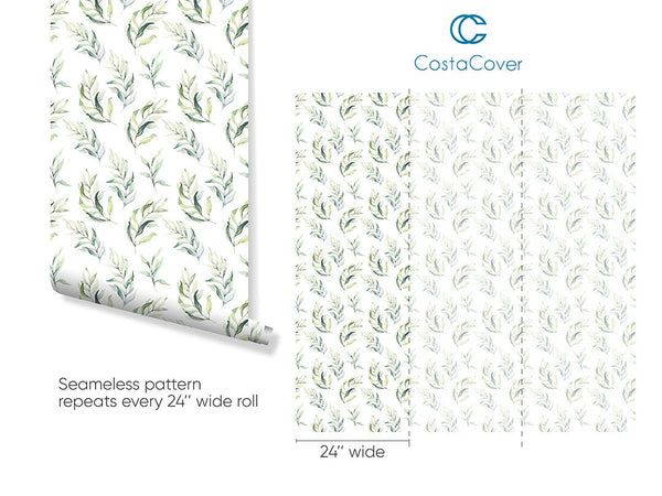 Green Eucalyptus Leaves Wallpaper CC049 - CostaCover - Peel and stick Removable Wallpaper - accent wallpaper - Best Peel And Stick Removeable Wallpaper - best peel and stick wallpaper