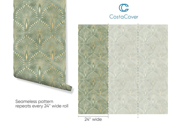 Green Gold Art Deco Wallpaper CC176 - CostaCover - Peel and stick Removable Wallpaper - accent wallpaper - art deco - art deco design