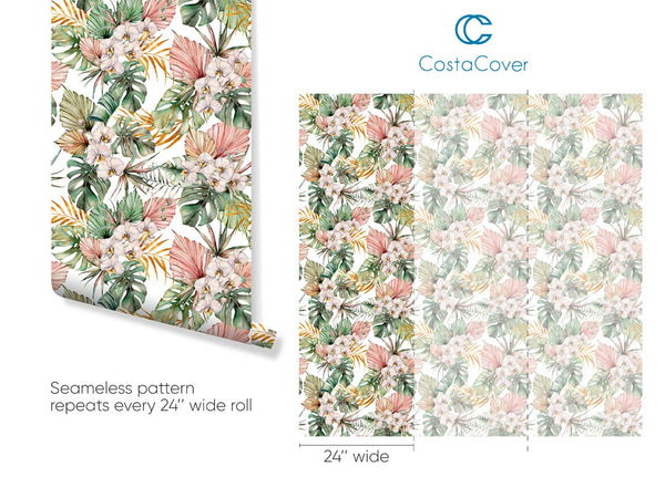 Tropical Pink Orchids Wallpaper CC054 - CostaCover - Peel and stick Removable Wallpaper - accent wallpaper - adhesive wallpaper - bathroom wallpaper