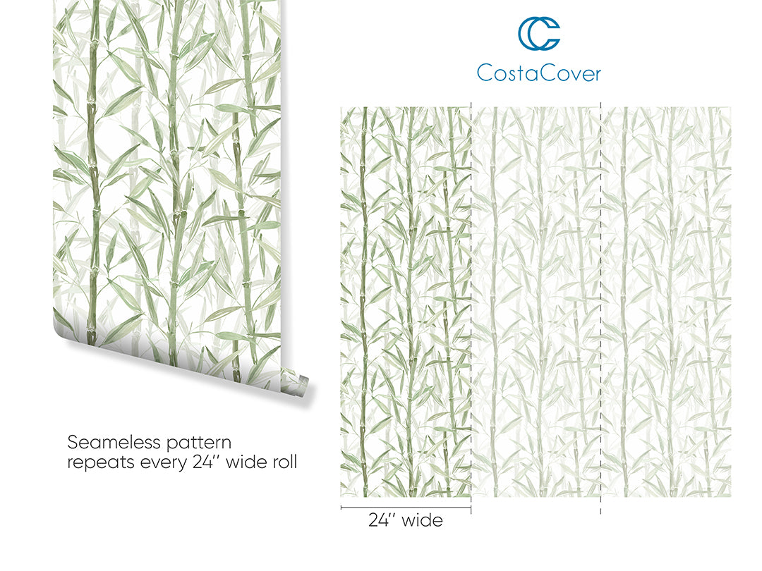 Self Adhesive Watercolor Green Bamboo Removable Wallpaper CC025
