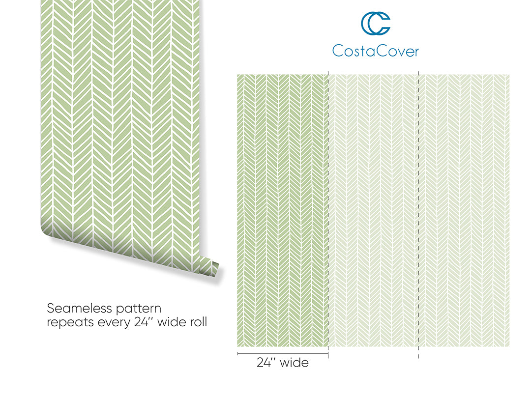 Self Adhesive Green Chevron Lines Herringbone Removable Wallpaper CC032