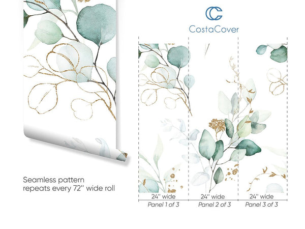 Green Eucalyptus Watercolor Wallpaper CC242 - CostaCover - Peel and stick Removable Wallpaper - 3d wall murals - accent wallpaper - adhesive wallpaper design