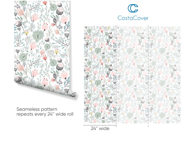 Colorful Boho Floral Wallpaper CC270 - CostaCover - Peel and stick Removable Wallpaper - accent wallpaper - adhesive wallpaper - adhesive wallpaper design