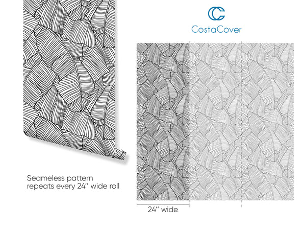 Black & White Banana Leaves Wallpaper CC254 - CostaCover - Peel and stick Removable Wallpaper - accent wallpaper - adhesive wallpaper - banana leaves