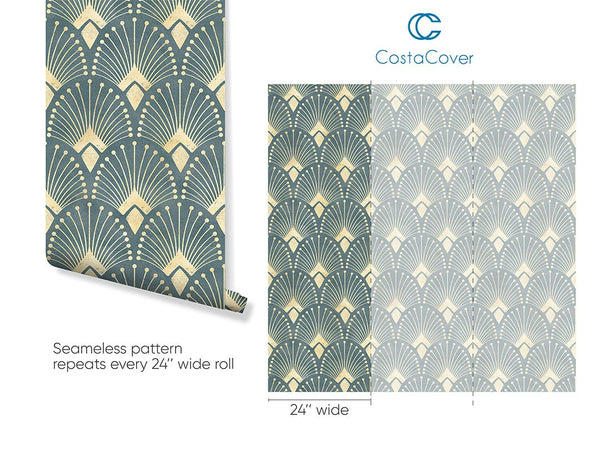 Green Blue Art Deco Wallpaper CC177 - CostaCover - Peel and stick Removable Wallpaper - accent wallpaper - art deco - art deco decor