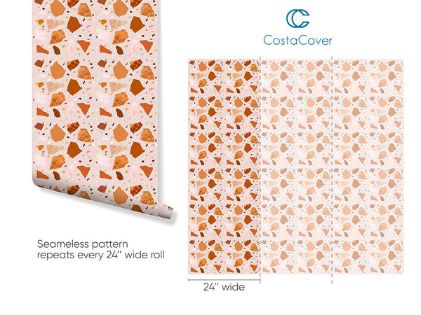 Terracotta & Orange Terrazzo Wallpaper CC267 - CostaCover - Peel and stick Removable Wallpaper - abstract wallpaper - accent wallpaper - adhesive wallpaper