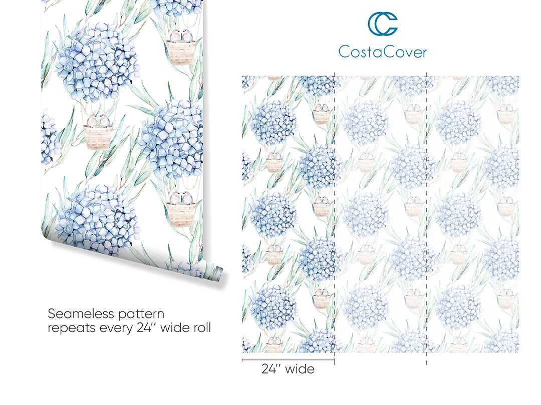 Self Adhesive Blue Hydrangea Birds Watercolor Removable Wallpaper CC238