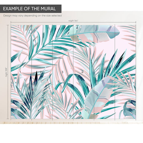 Tropical Pink Green Wall Mural CCM012 - CostaCover - Peel and stick Removable Wallpaper - accent wallpaper - adhesive wallpaper - banana leaves