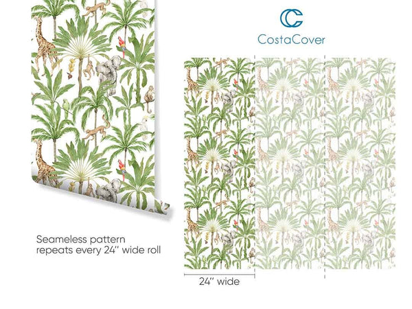Tropical Animals & Palms Wallpaper CC257 - CostaCover - Peel and stick Removable Wallpaper - accent wallpaper - adhesive wallpaper - animal print