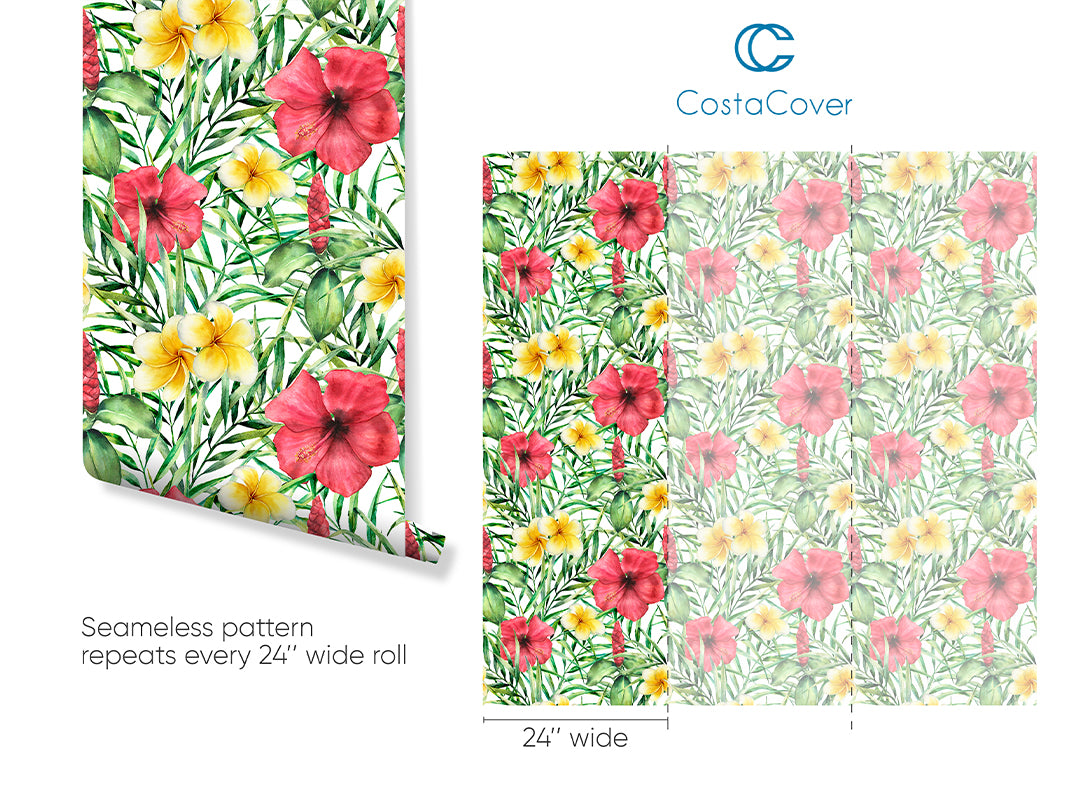 Tropical Colorful Flowers Peel and Stick Wallpaper - Green Palm Leaves Self Adhesive Decal CC038