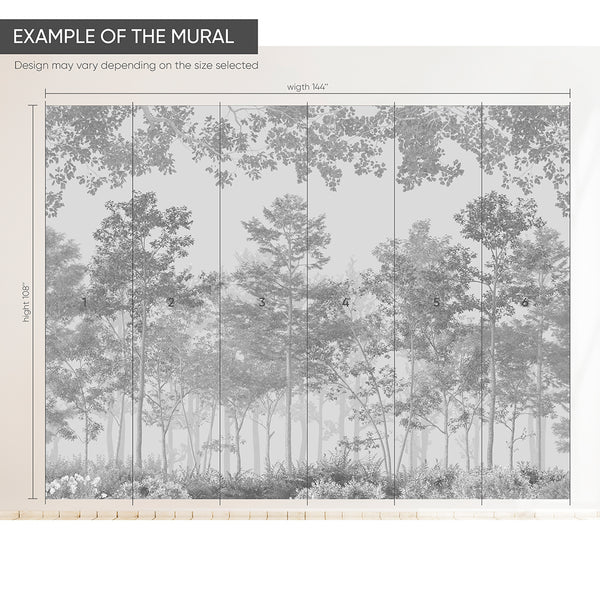 Open, airy repeat of tree silhouettes in the Vintage Smoky Forest mural, offering a serene backdrop for contemporary interior design. Removable peel and stick wallpaper.