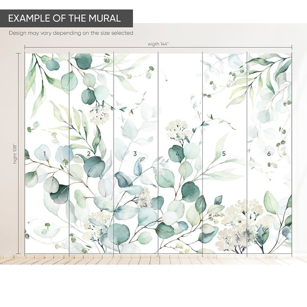 Green Eucalyptus Branches Wall Mural CCM110 - CostaCover - Peel and stick Removable Wallpaper - accent wallpaper - adhesive wallpaper - bathroom wallpaper