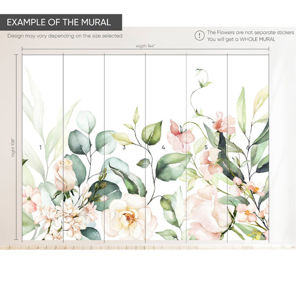 Large Roses and Eucalyptus Wall Mural CCM101 - CostaCover - Peel and stick Removable Wallpaper - 3d wall murals - accent wallpaper - adhesive wallpaper