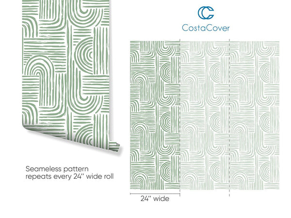 Green Lines Boho Wallpaper CC278 - CostaCover - Peel and stick Removable Wallpaper - abstract lines - accent wallpaper - bathroom wallpaper