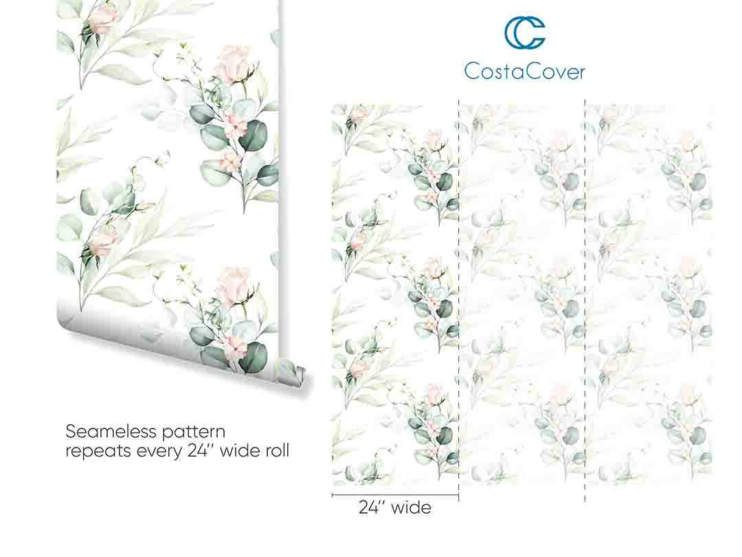 Self Adhesive Green Eucalyptus and Roses Leaves and Branches Watercolor Botanical Wallpaper CC252