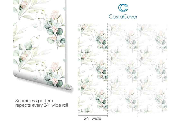 Eucalyptus and Roses Wallpaper CC252 - CostaCover - Peel and stick Removable Wallpaper - 3d wall painting - accent wallpaper - adhesive wallpaper design