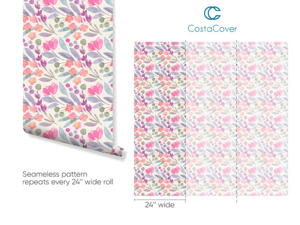 Pink Purple Flowers Wallpaper CC226 - CostaCover - Peel and stick Removable Wallpaper - accent wallpaper - adhesive wallpaper - bathroom wallpaper