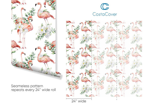 Tropical Flowers & Flamingo Wallpaper CC042 - CostaCover - Peel and stick Removable Wallpaper - accent wallpaper - adhesive wallpaper - bathroom wallpaper