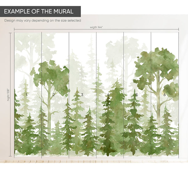 Watercolor Pine Tree Forest Wall Mural CCM079 - CostaCover - Peel and stick Removable Wallpaper - accent wallpaper - Decorative wallpaper - fairy kids print