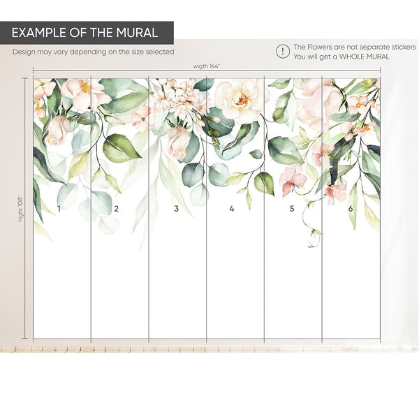 Pink Rose & Eucalyptus Wall Mural CCM102 - CostaCover - Peel and stick Removable Wallpaper - abstract wallpaper - accent wallpaper - adhesive wallpaper