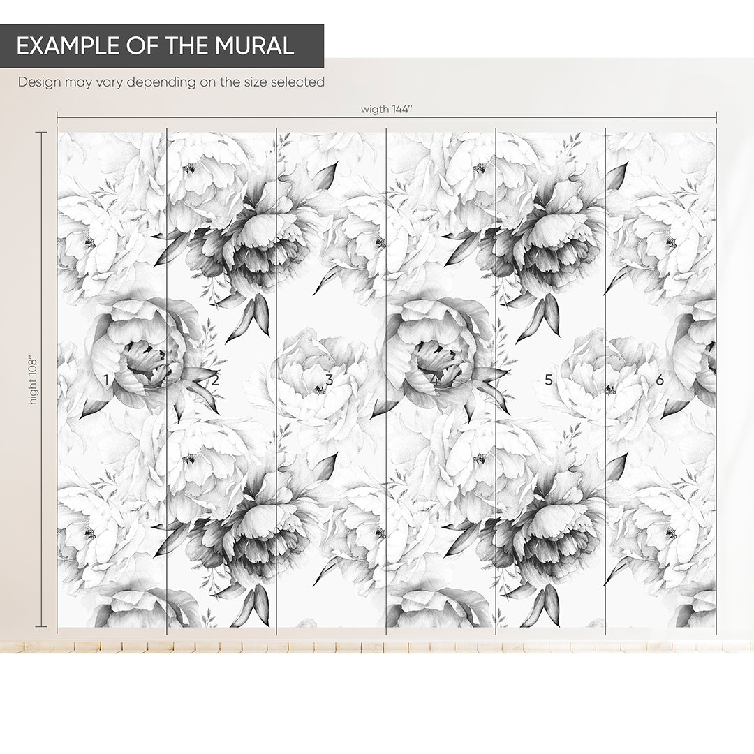 Self Adhesive Black and White Peonies Watercolor Large Flowers Wall Mural CCM051