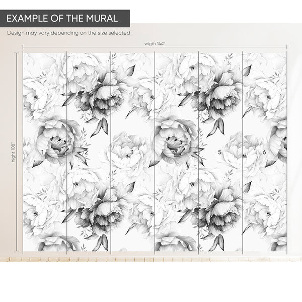 Black & White Watercolor Peonies Wall Mural CCM051 - CostaCover - Peel and stick Removable Wallpaper - 3d wall murals - accent wallpaper - Art Deco Removable Wallpaper near me