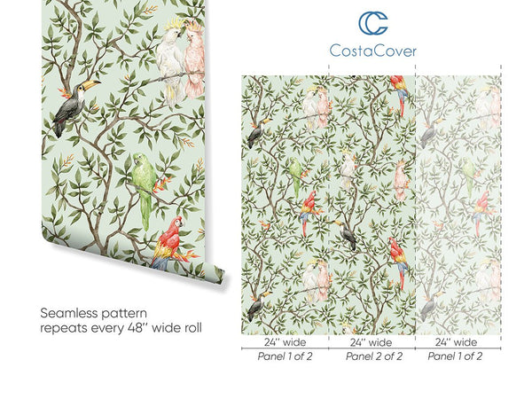 Parrots on Tropical Tree Wallpaper CC035 - CostaCover - Peel and stick Removable Wallpaper - accent wallpaper - adhesive wallpaper - bathroom wallpaper