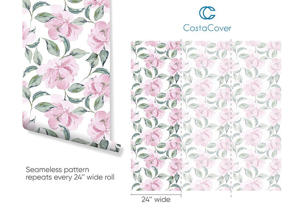 Watercolor Pink Peonies Wallpaper CC236 - CostaCover - Peel and stick Removable Wallpaper - accent wallpaper - adhesive wallpaper - bedroom interior