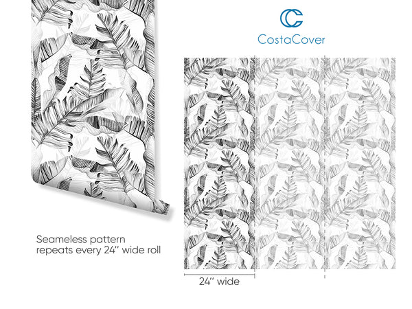 Black & White Palm Leaves Wallpaper CC253 - CostaCover - Peel and stick Removable Wallpaper - accent wallpaper - adhesive wallpaper - banana leaves