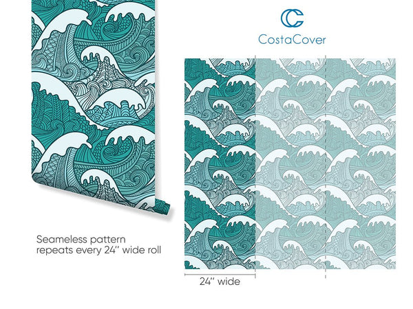 Japanese Green Waves Wallpaper CC096 - CostaCover - Peel and stick Removable Wallpaper - adhesive wallpaper - Backsplash panels - bathroom wallpaper
