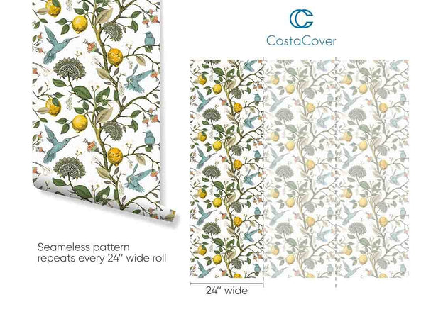 Vintage Birds & Tree Branch Wallpaper CC250 - CostaCover - Peel and stick Removable Wallpaper - 3d wall painting - accent wallpaper - adhesive wallpaper design